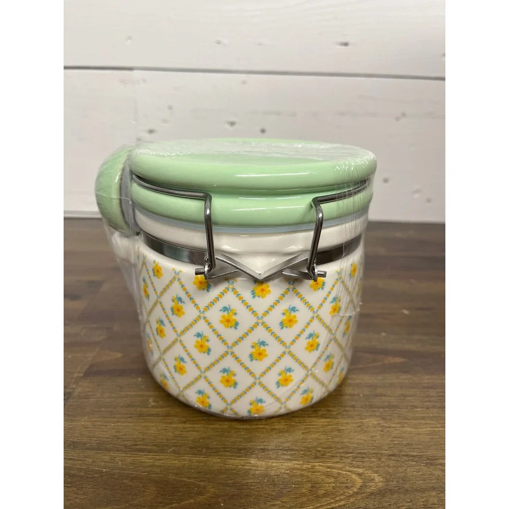 The Pioneer Woman Floral Trellis Stoneware‎ Canister with Scoop Mint Green Lid